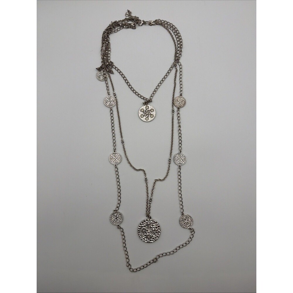 Premier Designs Silver Tone Multi Strand Necklace Disc Charm Layered Pendant
